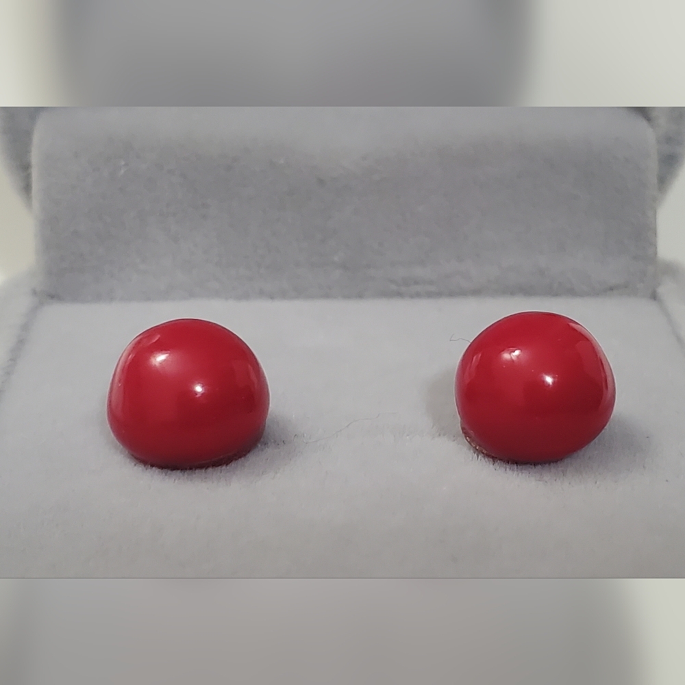 Vtg. Sterling Silver Red Cherry Corals Stud Earrings